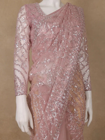 Dusty Rose Pink Heavy Sequin Embroidered Net Saree - Diadem
