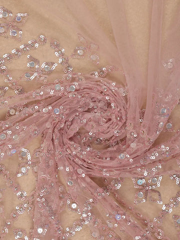 Dusty Rose Pink Heavy Sequin Embroidered Net Saree - Diadem