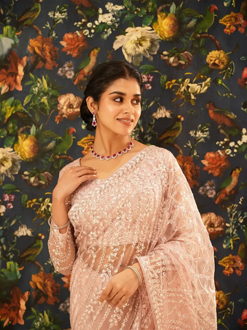 Dusty Rose Pink Heavy Sequin Embroidered Net Saree - Diadem