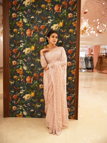 Dusty Rose Pink Heavy Sequin Embroidered Net Saree - Diadem
