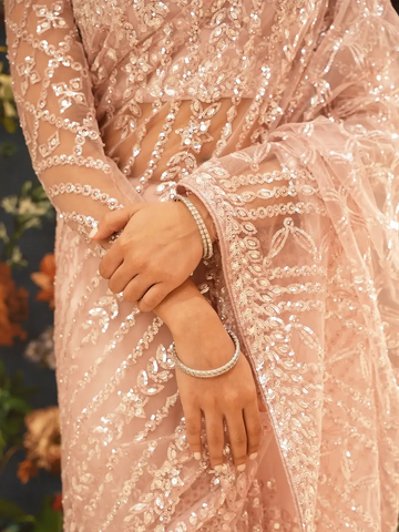 Dusty Rose Pink Heavy Sequin Embroidered Net Saree - Diadem