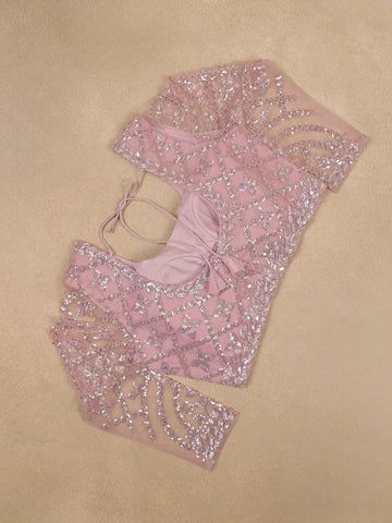 Dusty Rose Pink Heavy Sequin Embroidered Net Saree - Diadem