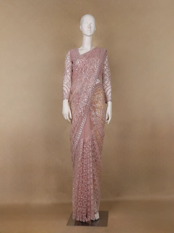 Dusty Rose Pink Heavy Sequin Embroidered Net Saree - Diadem