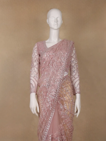 Dusty Rose Pink Heavy Sequin Embroidered Net Saree - Diadem