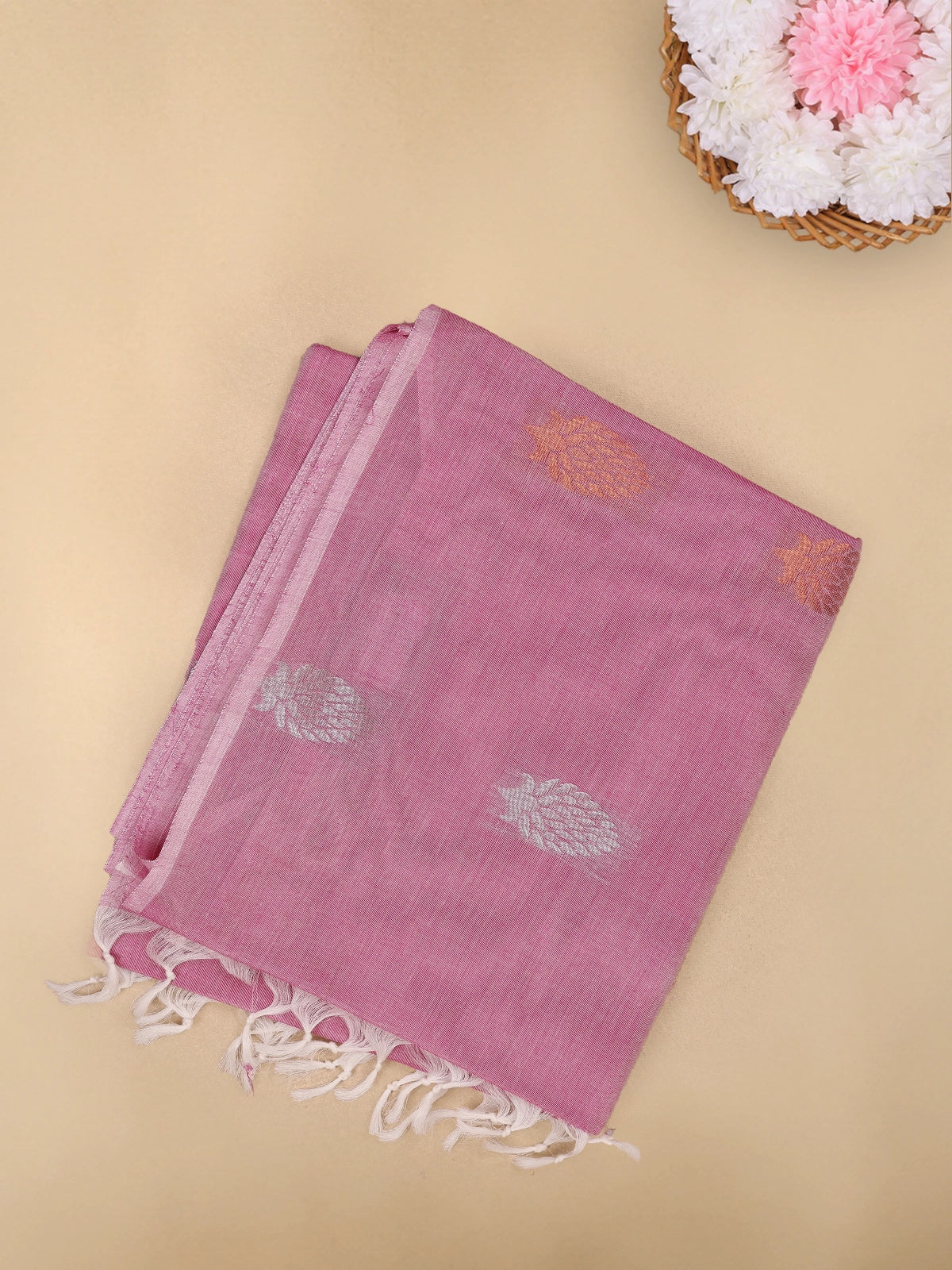 Dusty Rose Pink Leaf Butta Woven Design Cotton Saree