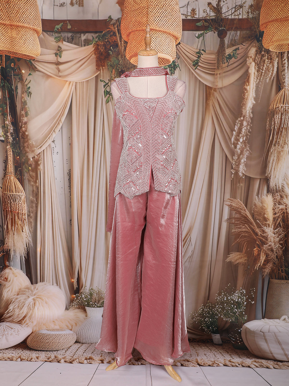 Dusty Rose Pink Sequins Design Organza Palazzo Suit with Choker Dupatta