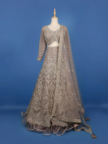 Dusty Mauve Floral And Cutdana Beads Embroidered Net Bridal Lehenga - Diadem