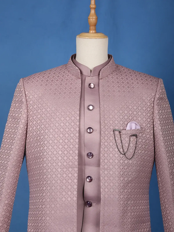 Dusty Mauve Textured Jacquard Men's Suit with Chain Brooch Detailing - Diadem