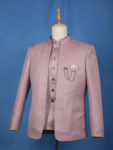Dusty Mauve Textured Jacquard Men's Suit with Chain Brooch Detailing - Diadem