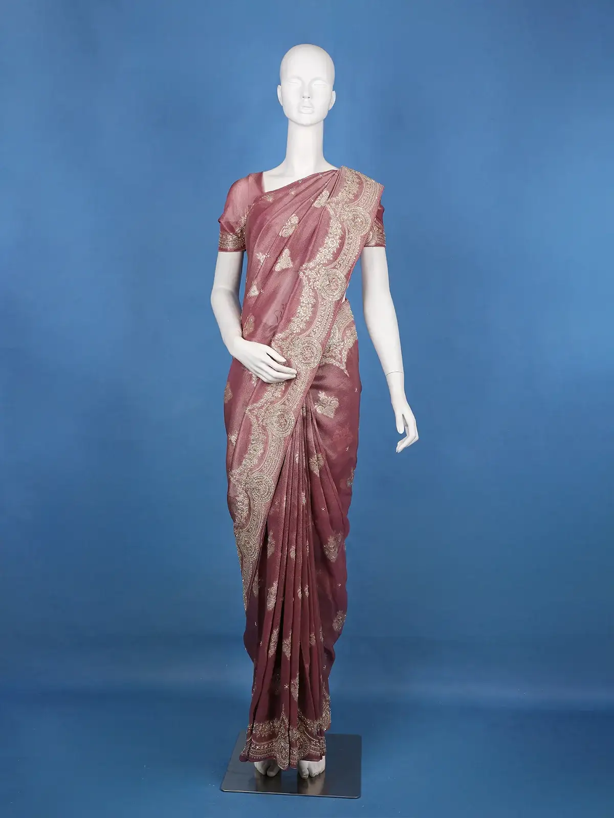 Dusty Peach Floral Zari Sequin Embellishment Organza Saree - Diadem