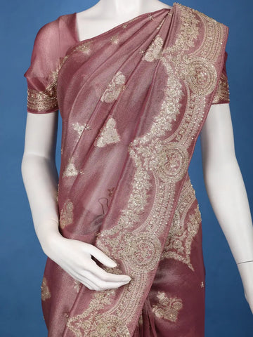 Dusty Peach Floral Zari Sequin Embellishment Organza Saree - Diadem