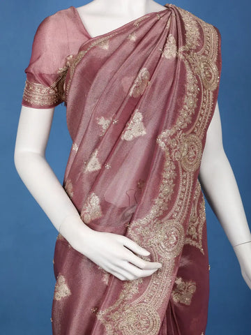 Dusty Peach Floral Zari Sequin Embellishment Organza Saree - Diadem