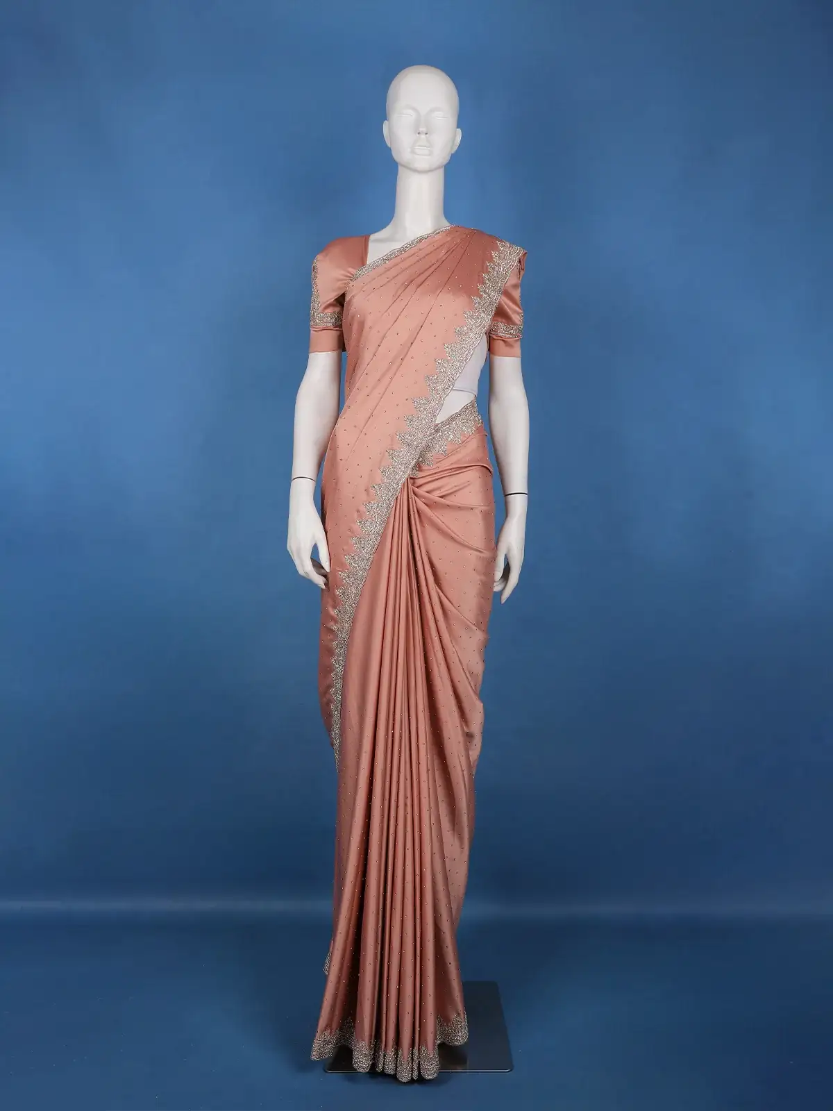 Dusty Peach Stone Embellishment Satin Saree - Diadem