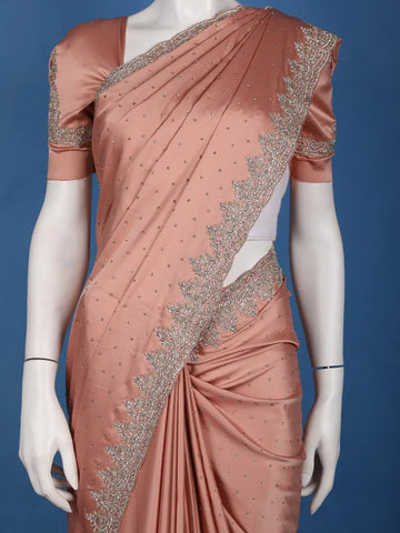 Dusty Peach Stone Embellishment Satin Saree - Diadem