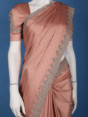 Dusty Peach Stone Embellishment Satin Saree - Diadem