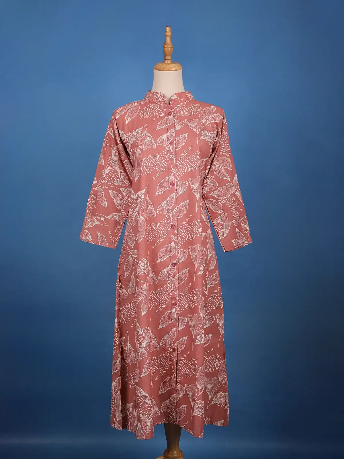 Dusty Rose Pink A-Line Leaf Printed Cotton Kurti - Diadem