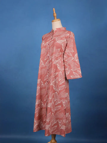 Dusty Rose Pink A-Line Leaf Printed Cotton Kurti - Diadem
