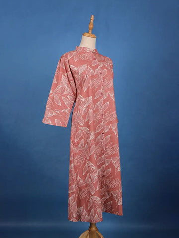 Dusty Rose Pink A-Line Leaf Printed Cotton Kurti - Diadem
