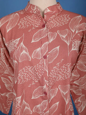 Dusty Rose Pink A-Line Leaf Printed Cotton Kurti - Diadem