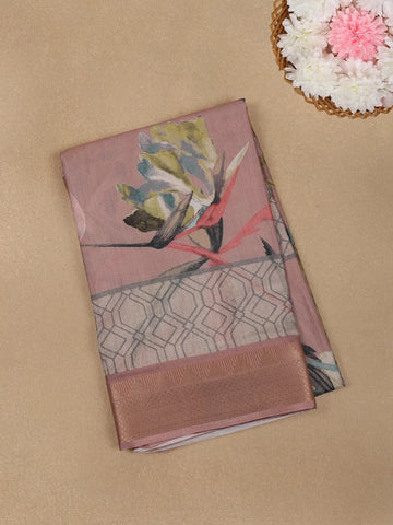 Dusty Rose Pink Floral Design Printed Cotton Saree - Diadem