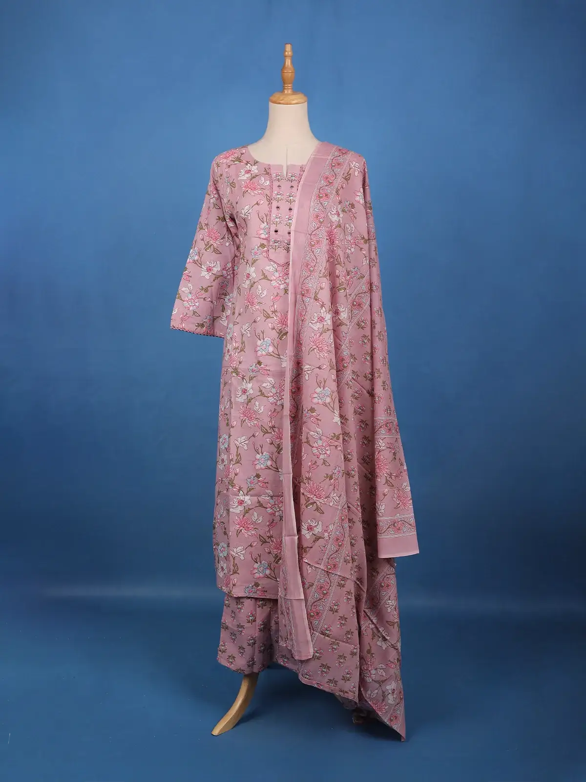 Dusty Rose Pink Floral Printed Cotton Salwar Suit Set - Diadem