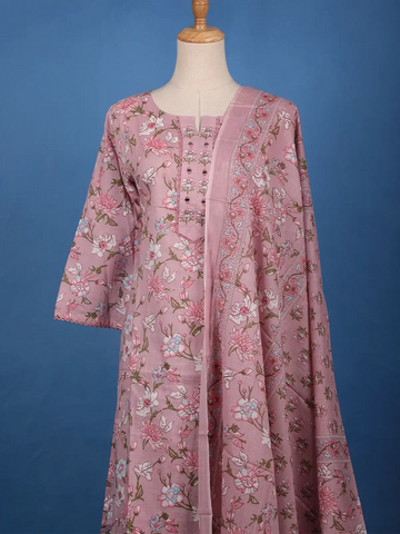 Dusty Rose Pink Floral Printed Cotton Salwar Suit Set - Diadem