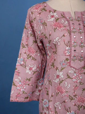 Dusty Rose Pink Floral Printed Cotton Salwar Suit Set - Diadem
