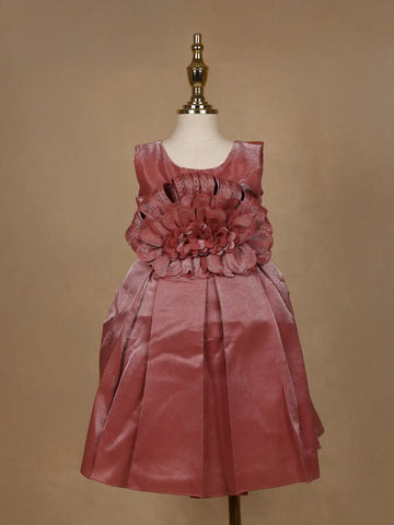 Dusty Rose Satin Party Frock with Oversized 3D Floral Embellishment - Diadem