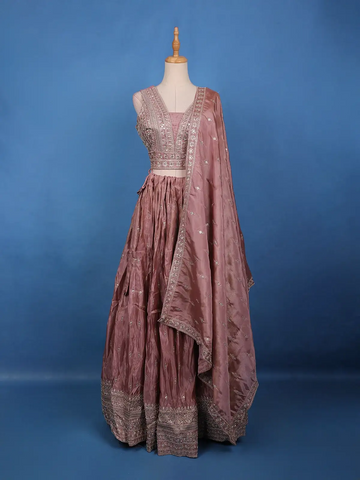 Dusty Rose Sequin Embroidered Crushed Silk Lehenga with Dupatta - Diadem