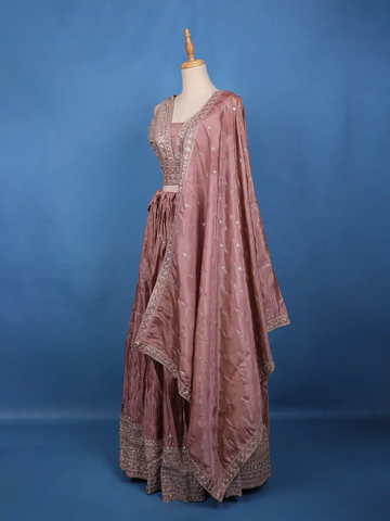 Dusty Rose Sequin Embroidered Crushed Silk Lehenga with Dupatta - Diadem