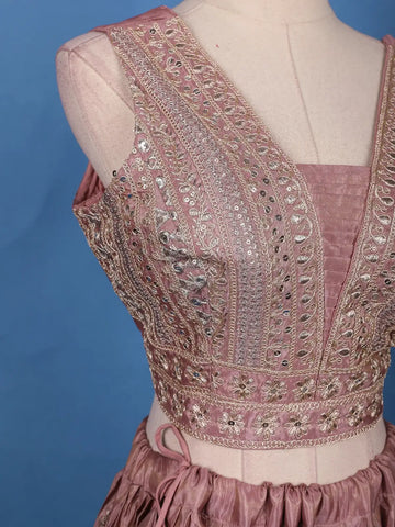 Dusty Rose Sequin Embroidered Crushed Silk Lehenga with Dupatta - Diadem