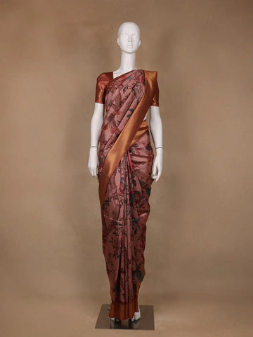Dusty Rose Tropical Bird Printed Semi Tussar Saree - Diadem