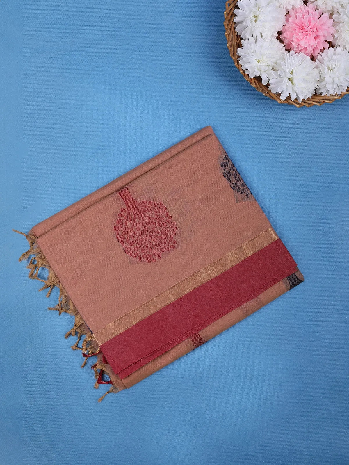 Earthy Brown Tree Motifs Cotton Saree - Diadem