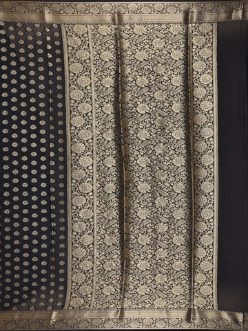 Elegant Black Floral Zari Woven Chiffon Silk Saree - Diadem