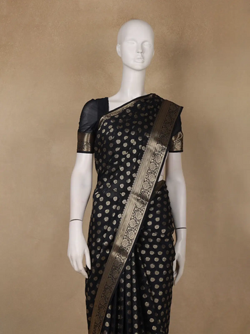 Elegant Black Floral Zari Woven Chiffon Silk Saree - Diadem