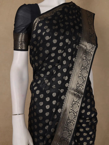 Elegant Black Floral Zari Woven Chiffon Silk Saree - Diadem