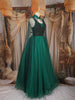 Emerald Green Sequins Embroidered Design Net Gown With Sheer Cape Sleeves