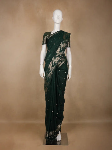 Emerald Green Woven Banarasi Silk Saree with Floral Zari Border - Diadem