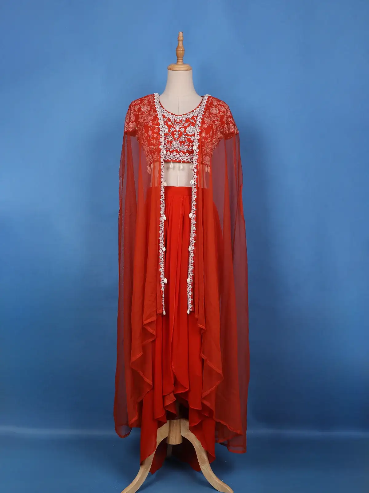 Fiery Red Pearl and Sequin Embellishments Georgette Crepe Top - Diadem