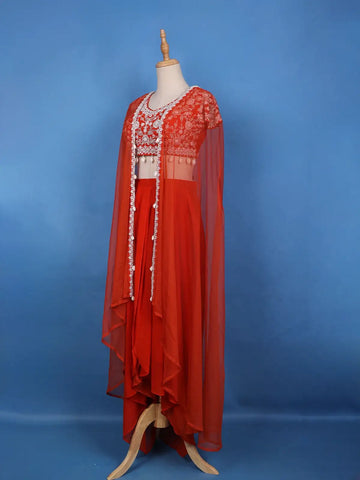 Fiery Red Pearl and Sequin Embellishments Georgette Crepe Top - Diadem