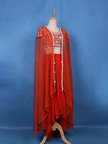 Fiery Red Pearl and Sequin Embellishments Georgette Crepe Top - Diadem