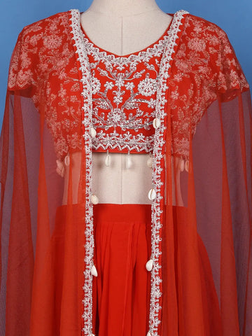 Fiery Red Pearl and Sequin Embellishments Georgette Crepe Top - Diadem