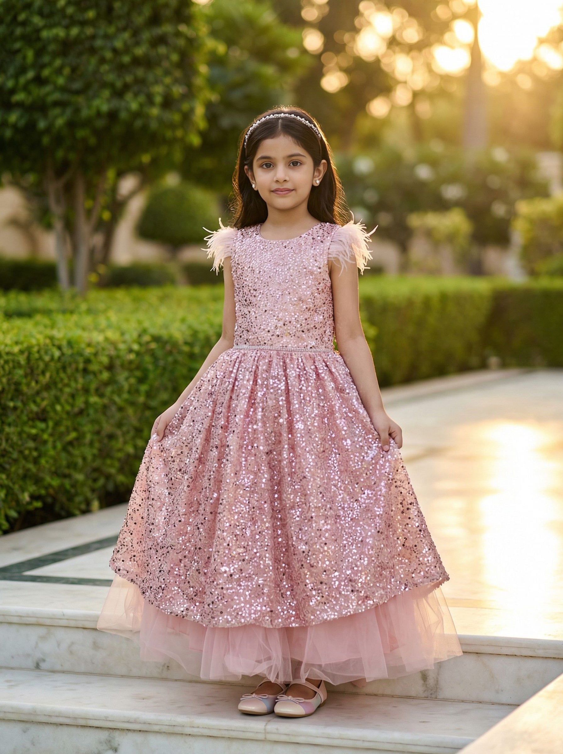 Light Pink Net Gown with Sequin Embellishments and Feather Sleeves | Diadem Light Pink Net Gown with Sequin Embellishments and Feather Sleeves | Diadem