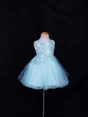 Aqua Blue Net Frock Adorned with Floral Laces and Pearl Beads - Diadem