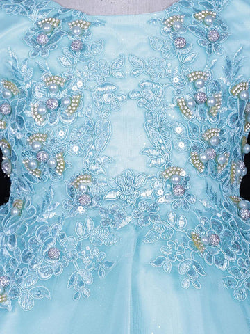 Aqua Blue Net Frock Adorned with Floral Laces and Pearl Beads - Diadem