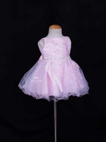 Light Pink Net Frock Embellished with Floral Laces and Pearl Beads - Diadem