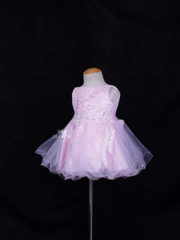 Light Pink Net Frock Embellished with Floral Laces and Pearl Beads - Diadem