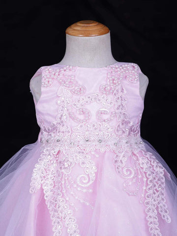 Light Pink Net Frock Embellished with Floral Laces and Pearl Beads - Diadem