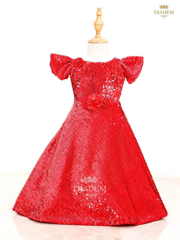 Scarlet Red Gown Embellished in Full Sequins with Flower Design - Diadem