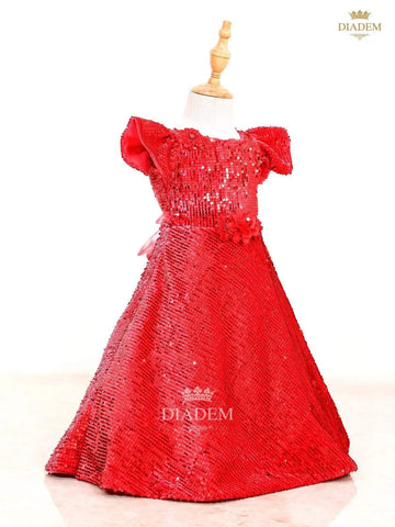 Scarlet Red Gown Embellished in Full Sequins with Flower Design - Diadem